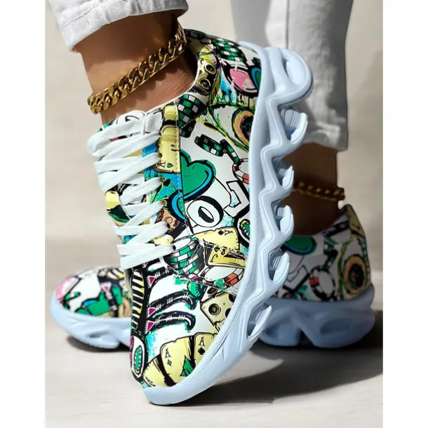 Women's Colorful Graphic Print Sneakers – Trendy Lightweight Lace-Up Athletic Shoes with Cushioned Sole