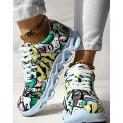 Women's Colorful Graphic Print Sneakers – Trendy Lightweight Lace-Up Athletic Shoes with Cushioned Sole