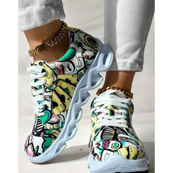 Women's Colorful Graphic Print Sneakers – Trendy Lightweight Lace-Up Athletic Shoes with Cushioned Sole