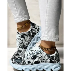 Women's Colorful Graphic Print Sneakers – Trendy Lightweight Lace-Up Athletic Shoes with Cushioned Sole
