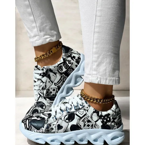 Women's Colorful Graphic Print Sneakers – Trendy Lightweight Lace-Up Athletic Shoes with Cushioned Sole
