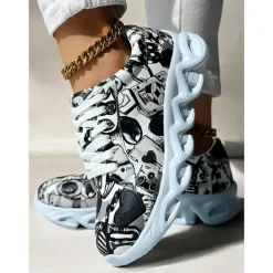 Women's Colorful Graphic Print Sneakers – Trendy Lightweight Lace-Up Athletic Shoes with Cushioned Sole