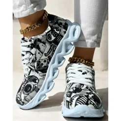 Women's Colorful Graphic Print Sneakers – Trendy Lightweight Lace-Up Athletic Shoes with Cushioned Sole