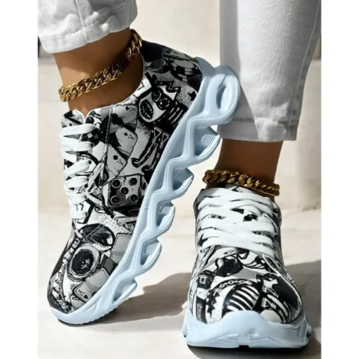 Women's Colorful Graphic Print Sneakers – Trendy Lightweight Lace-Up Athletic Shoes with Cushioned Sole
