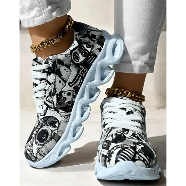 Women's Colorful Graphic Print Sneakers – Trendy Lightweight Lace-Up Athletic Shoes with Cushioned Sole