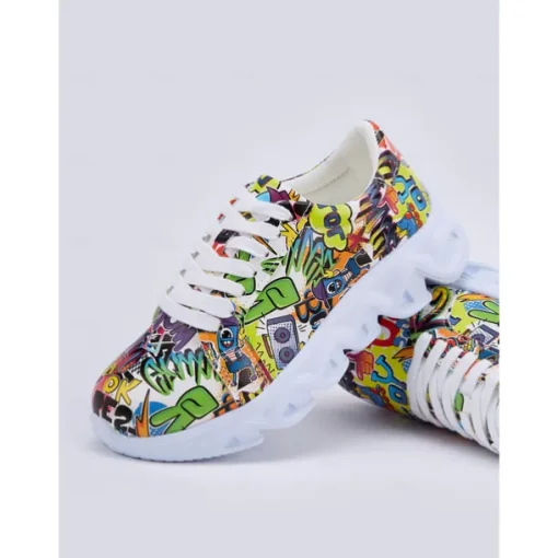 Women's Colorful Graphic Print Sneakers – Trendy Lightweight Lace-Up Athletic Shoes with Cushioned Sole