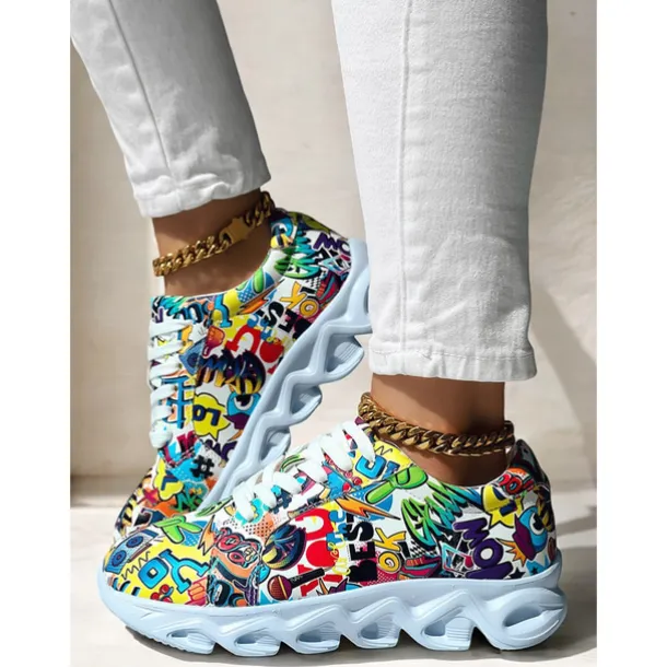 Women's Colorful Graphic Print Sneakers – Trendy Lightweight Lace-Up Athletic Shoes with Cushioned Sole