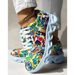 Women's Colorful Graphic Print Sneakers – Trendy Lightweight Lace-Up Athletic Shoes with Cushioned Sole