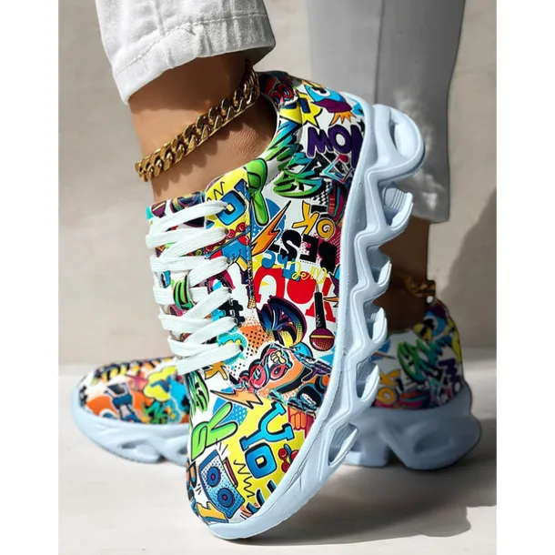 Women's Colorful Graphic Print Sneakers – Trendy Lightweight Lace-Up Athletic Shoes with Cushioned Sole