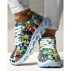 Women's Colorful Graphic Print Sneakers – Trendy Lightweight Lace-Up Athletic Shoes with Cushioned Sole