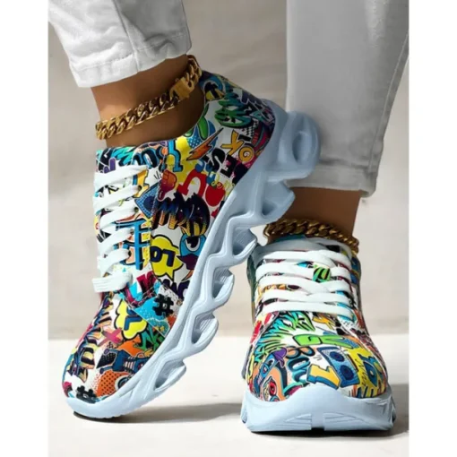 Women's Colorful Graphic Print Sneakers – Trendy Lightweight Lace-Up Athletic Shoes with Cushioned Sole