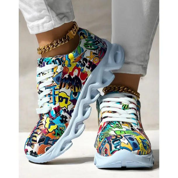Women's Colorful Graphic Print Sneakers – Trendy Lightweight Lace-Up Athletic Shoes with Cushioned Sole