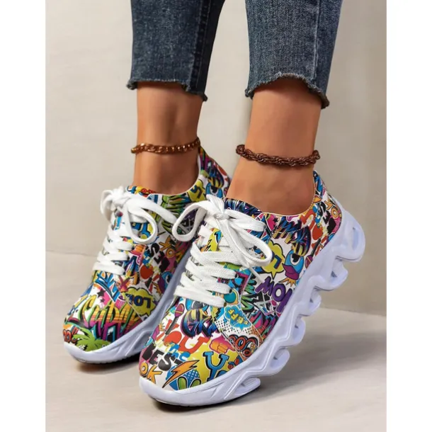 Women's Colorful Graphic Print Sneakers – Trendy Lightweight Lace-Up Athletic Shoes with Cushioned Sole