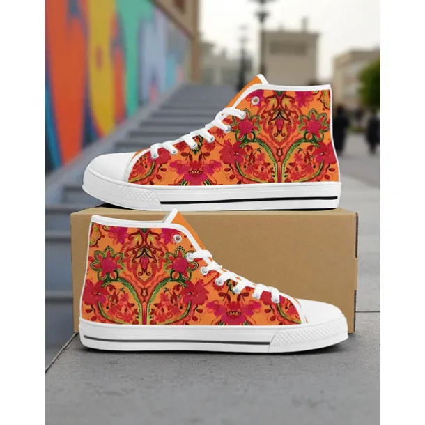 Women's Colorful Print High Top Canvas Sneakers – Street Style Casual Shoes for Everyday Wear, Travel and Urban Outings
