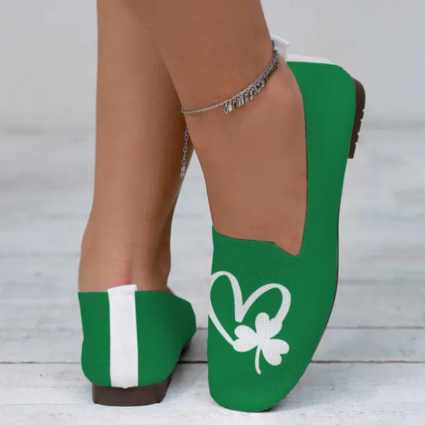 Women's Comfortable Green Slip-On Flats with Clover Heart Printed Design Perfect for Celebrate St. Patrick's Day