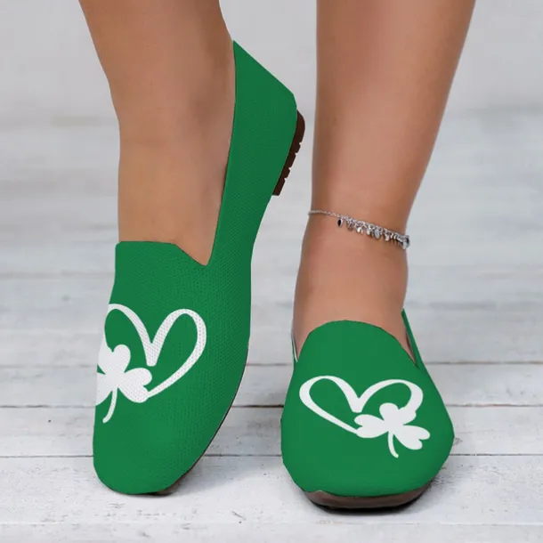 Women's Comfortable Green Slip-On Flats with Clover Heart Printed Design Perfect for Celebrate St. Patrick's Day