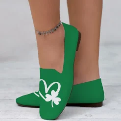 Women's Comfortable Green Slip-On Flats with Clover Heart Printed Design Perfect for Celebrate St. Patrick's Day