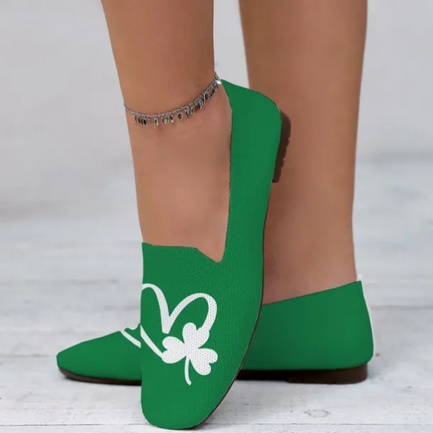 Women's Comfortable Green Slip-On Flats with Clover Heart Printed Design Perfect for Celebrate St. Patrick's Day