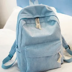 Women's Corduroy Backpack with Tassel Drawstring and Front Pocket – Soft Lightweight Casual Bag for School, Travel, or Daily Use