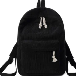 Women's Corduroy Backpack with Tassel Drawstring and Front Pocket – Soft Lightweight Casual Bag for School, Travel, or Daily Use