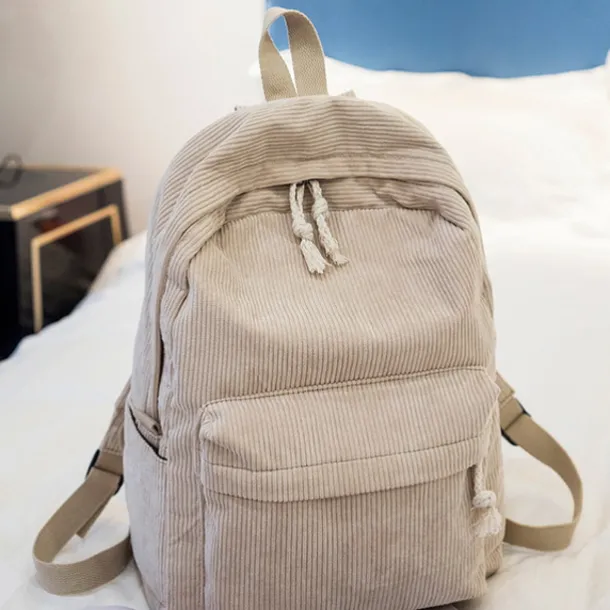Women's Corduroy Backpack with Tassel Drawstring and Front Pocket – Soft Lightweight Casual Bag for School, Travel, or Daily Use