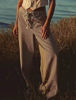 Women's Cotton Blend Denim Culottes Wide Leg Vacation Vintage Stylish Full Length Mid Waist Striped Patchwork Stripe Comfy Inelastic Outdoor Vacation Home Navy Earthy yellow Black Army Green