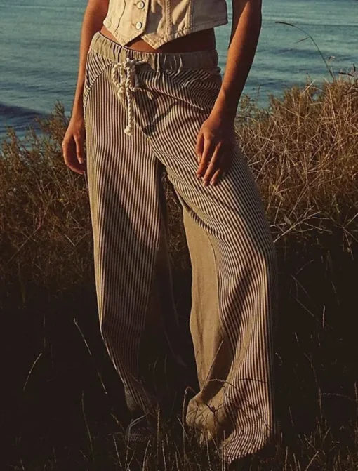 Women's Cotton Blend Denim Culottes Wide Leg Vacation Vintage Stylish Full Length Mid Waist Striped Patchwork Stripe Comfy Inelastic Outdoor Vacation Home Navy Earthy yellow Black Army Green