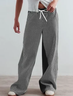 Women's Cotton Blend Denim Culottes Wide Leg Vacation Vintage Stylish Full Length Mid Waist Striped Patchwork Stripe Comfy Inelastic Outdoor Vacation Home Navy Earthy yellow Black Army Green