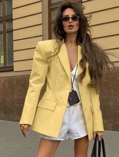 Women's100% Cotton Blazer Comfortable Buttons Elegant Vintage Daily Formal School Formal Vacation Office Single Breasted Short Peaked Lapel Regular Fit Long Sleeve Outerwear Yellow Spring Fall