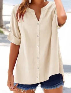 Women's Cotton Blouse Solid Color Elegant Casual Short Sleeve V Neck Regular Tops Daily Holiday Buttons Black Blue Purple Green Beige Summer Spring