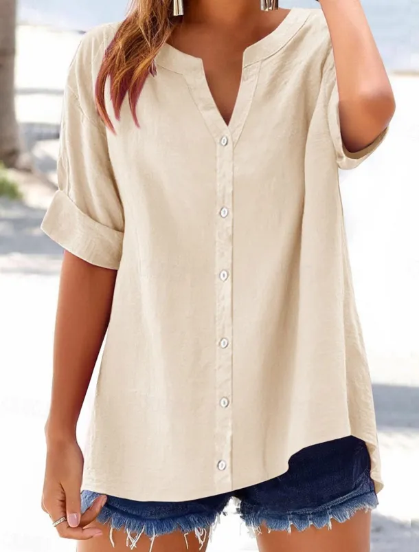 Women's Cotton Blouse Solid Color Elegant Casual Short Sleeve V Neck Regular Tops Daily Holiday Buttons Black Blue Purple Green Beige Summer Spring