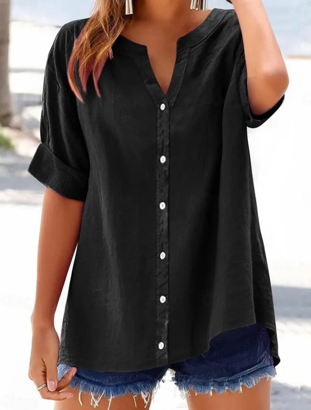 Women's Cotton Blouse Solid Color Elegant Casual Short Sleeve V Neck Regular Tops Daily Holiday Buttons Black Blue Purple Green Beige Summer Spring