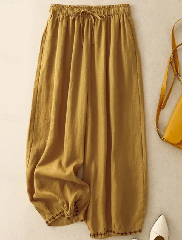 Women's Cotton Chinos Vintage Basic Full Length High Waist Plain Pocket Drawstring Comfort Outdoor Stretchy Vacation Street Causal White Yellow Khaki Beige Summer Spring Fall Loose Fit