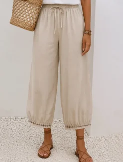 Women's Cotton Chinos Vintage Basic Full Length High Waist Plain Pocket Drawstring Comfort Outdoor Stretchy Vacation Street Causal White Yellow Khaki Beige Summer Spring Fall Loose Fit