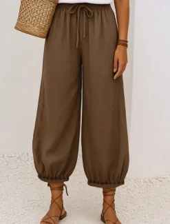 Women's Cotton Chinos Vintage Basic Full Length High Waist Plain Pocket Drawstring Comfort Outdoor Stretchy Vacation Street Causal White Yellow Khaki Beige Summer Spring Fall Loose Fit