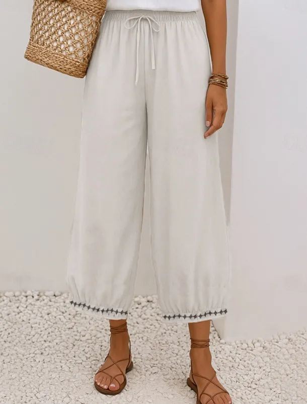 Women's Cotton Chinos Vintage Basic Full Length High Waist Plain Pocket Drawstring Comfort Outdoor Stretchy Vacation Street Causal White Yellow Khaki Beige Summer Spring Fall Loose Fit