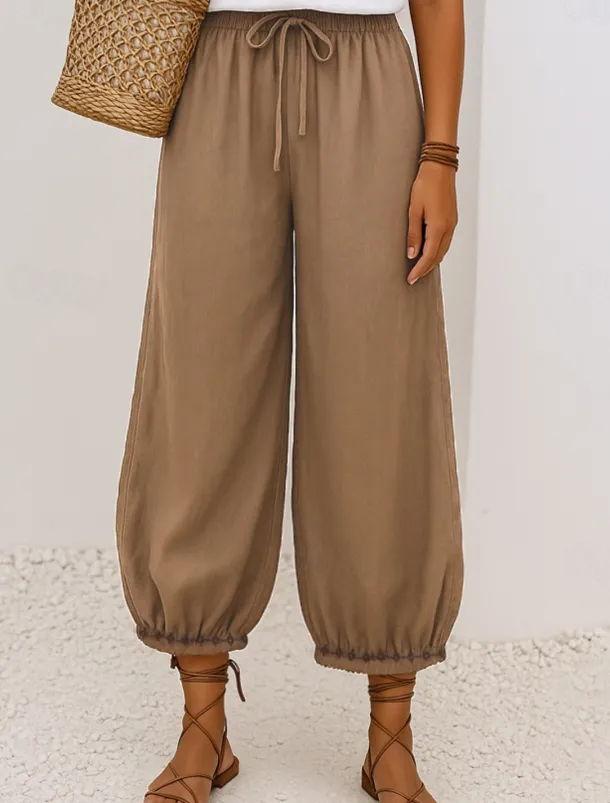 Women's Cotton Chinos Vintage Basic Full Length High Waist Plain Pocket Drawstring Comfort Outdoor Stretchy Vacation Street Causal White Yellow Khaki Beige Summer Spring Fall Loose Fit