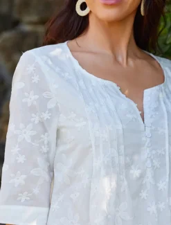 Women's Cotton Dress Sundress White Floral Midi Dress V-Neck Elegant Empire Waist Short Sleeve Ruched Pocket Summer Spring 2024 White Blue Green