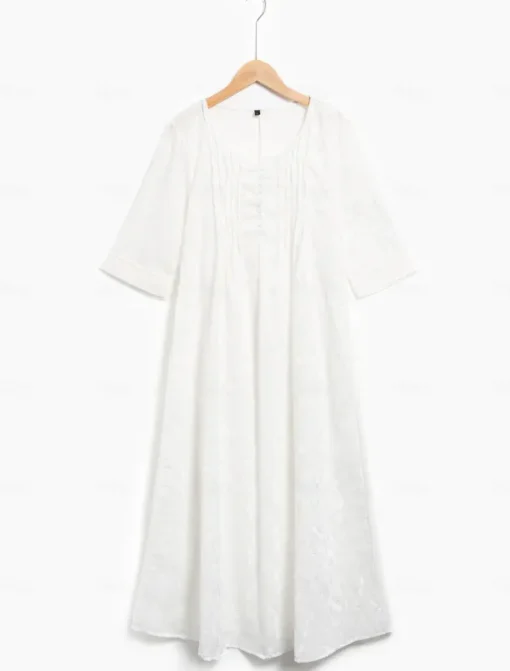 Women's Cotton Dress Sundress White Floral Midi Dress V-Neck Elegant Empire Waist Short Sleeve Ruched Pocket Summer Spring 2024 White Blue Green