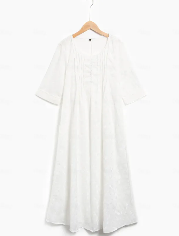 Women's Cotton Dress Sundress White Floral Midi Dress V-Neck Elegant Empire Waist Short Sleeve Ruched Pocket Summer Spring 2024 White Blue Green