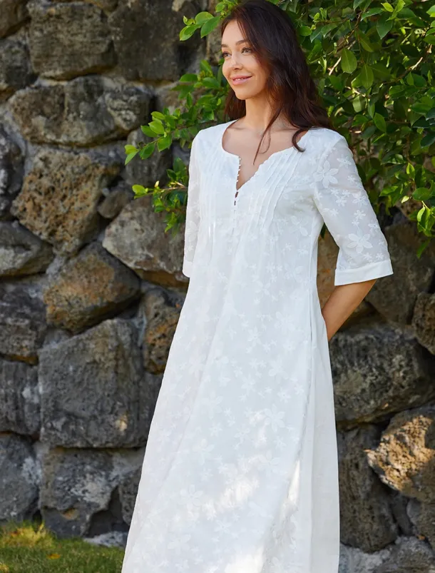 Women's Cotton Dress Sundress White Floral Midi Dress V-Neck Elegant Empire Waist Short Sleeve Ruched Pocket Summer Spring 2024 White Blue Green