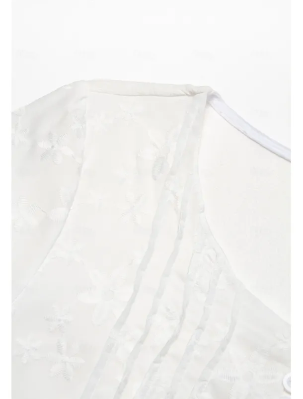 Women's Cotton Dress Sundress White Floral Midi Dress V-Neck Elegant Empire Waist Short Sleeve Ruched Pocket Summer Spring 2024 White Blue Green