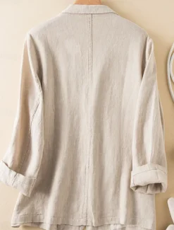 Women's Cotton Linen Blazer Comfortable Breathable Pocket Casual Plain Office Street Casual Daily Wear Single Breasted Regular Turndown Regular Fit Long Sleeve Outerwear White Green Beige Summer