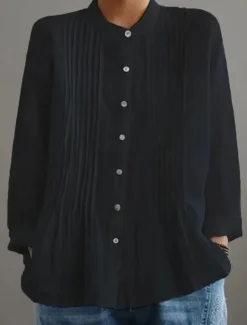 Women's Cotton Linen Blouse Solid Color Elegant Casual Long Sleeve High Neck Regular Tops Daily Holiday Buttons Black White Yellow Red Blue Summer Fall