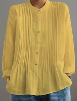 Women's Cotton Linen Blouse Solid Color Elegant Casual Long Sleeve High Neck Regular Tops Daily Holiday Buttons Black White Yellow Red Blue Summer Fall