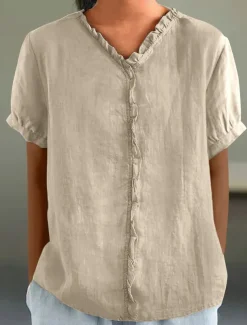 Women's Cotton Linen Blouse Solid Color Elegant Casual Short Sleeve V Neck Regular Tops Daily Holiday Pleated Black White Pink Purple Green Summer