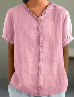 Women's Cotton Linen Blouse Solid Color Elegant Casual Short Sleeve V Neck Regular Tops Daily Holiday Pleated Black White Pink Purple Green Summer