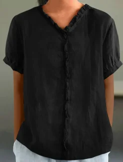 Women's Cotton Linen Blouse Solid Color Elegant Casual Short Sleeve V Neck Regular Tops Daily Holiday Pleated Black White Pink Purple Green Summer