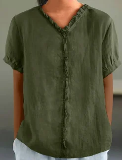 Women's Cotton Linen Blouse Solid Color Elegant Casual Short Sleeve V Neck Regular Tops Daily Holiday Pleated Black White Pink Purple Green Summer