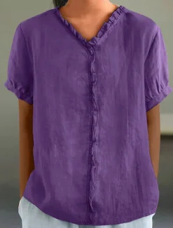 Women's Cotton Linen Blouse Solid Color Elegant Casual Short Sleeve V Neck Regular Tops Daily Holiday Pleated Black White Pink Purple Green Summer